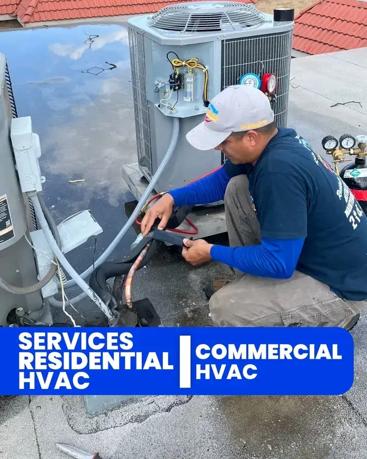 Heshma Air Conditioning technician repairing outdoor AC unit in Forney TX